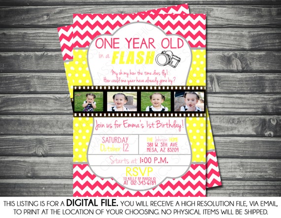 One Year in a Flash Girl Photo Birthday Invitation - Chevron, Pink, Yellow, Gray, Polka Dots, Printable, Digital Il_570xn