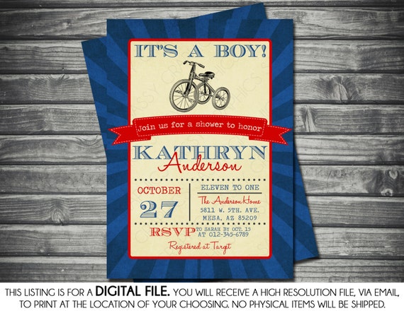 Boys Baby Shower Invitation - Tricycle, Vintage, Navy Blue, Red, Printable, Digital Il_570xn