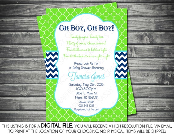 Twin Boys Baby Shower Invitation - Navy Blue, Green, Turquoise, Chevron, Printable, Digital Il_570xn