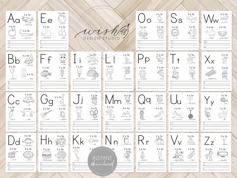 May include: Black and white printable alphabet flashcards with illustrations of objects starting with each letter. Each card has the letter, the word, and a space to write the word. The cards are labeled with the phrase "wish48 DESIGN STUDIO" at the top.
