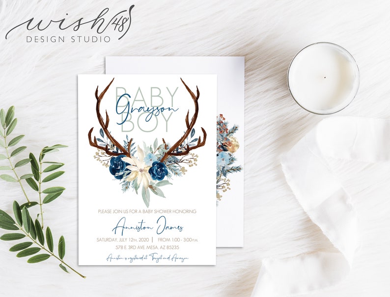 Boy Baby Shower Invitation Watercolor Floral Invite Baby Etsy