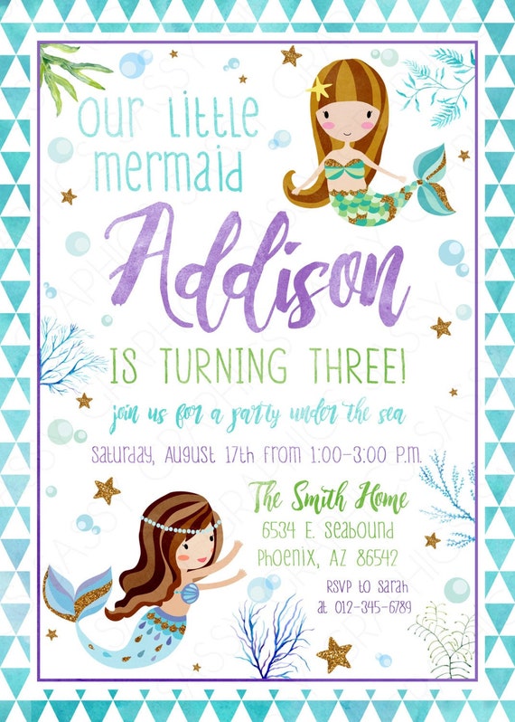 Mermaid Birthday Invitation - Girl Birthday Invite Under the Sea Little Mermaid Birthday Watercolor Glitter DIY Printable Invite PDF (#3) Il_570xn