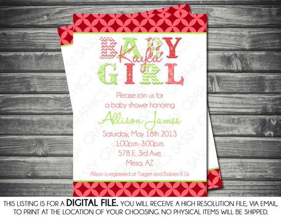 Girls Baby Shower Invitation Pink Green Printable Digital By