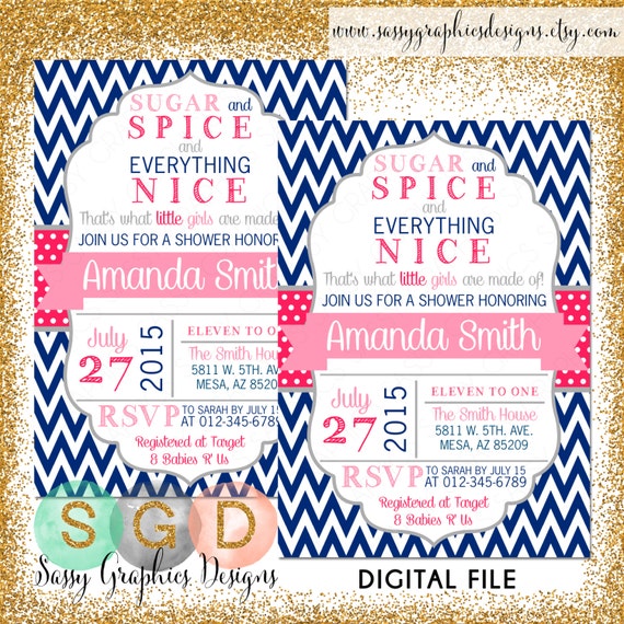 Girl Baby Shower Invite - Baby Shower Invitation Digital Invite Chevron Shower Invite PDF Invitation Gray Navy Blue Pink (Item #114) Il_570xn