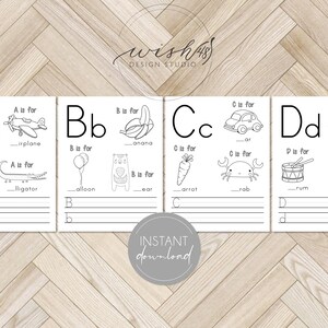 May include: Black and white printable alphabet flashcards with illustrations of an airplane, banana, car, dinosaur, apple, alligator, balloon, bear, carrot, crab, drum, and donut. Each card has the letter, the word "is for", and a blank line to write the word.