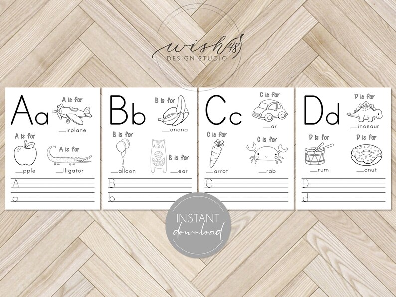 May include: Black and white printable alphabet flashcards with illustrations of an airplane, banana, car, dinosaur, apple, alligator, balloon, bear, carrot, crab, drum, and donut. Each card has the letter, the word "is for", and a blank line to write the word.