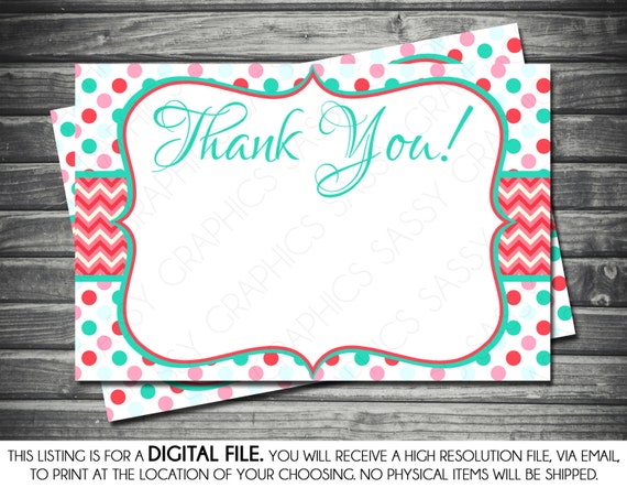 Girls Baby Shower Thank You Card - Pink, Teal, Chevron, Polka Dot, Printable, Digital Il_570xn