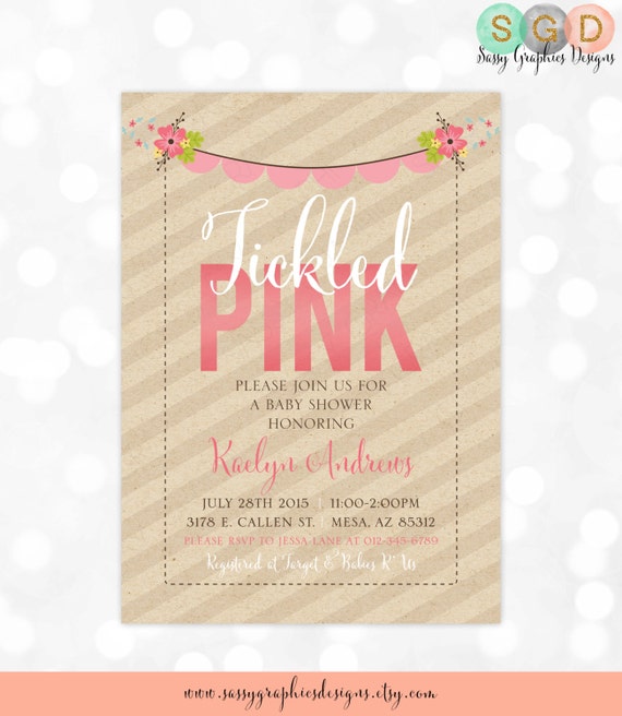 Tickled Pink Baby Shower Invitation - Girl Baby Shower Invite Floral Baby Shower Kraft Paper Pink Yellow Green (Item #161) Il_570xn