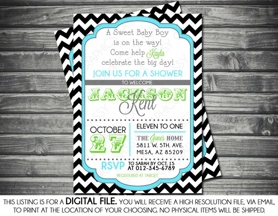 Boys Baby Shower Invitation - Modern, Chevron, Black, Turquoise, Green, Printable, Digital Il_570xn