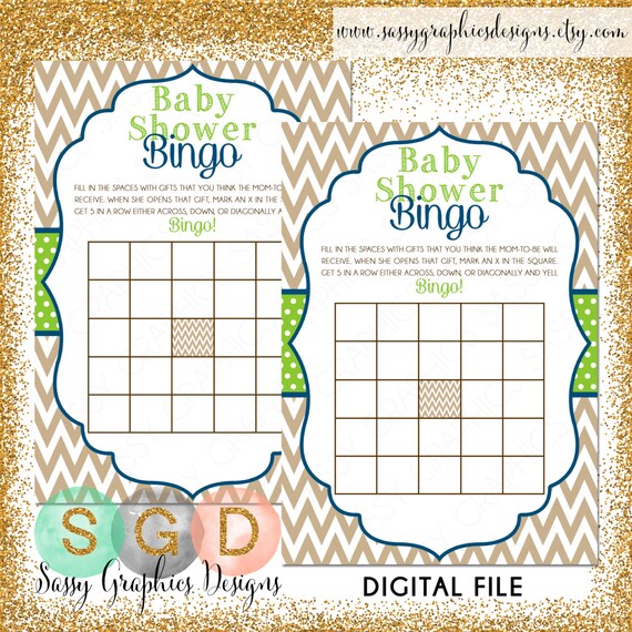 Baby Shower Bingo Card - Boy Baby Shower Game Card Baby Bingo Chevron Polka Dot Tan Green Blue Printable Game DIY Bingo Card (Item #118) Il_570xn
