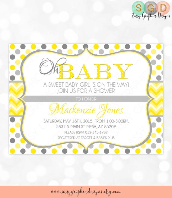 Polka Dot And Chevron Baby Shower Invitation Baby Girl Yellow Gray Polka Dot And Chevron Baby Shower Invitation Baby Girl Yellow Gray