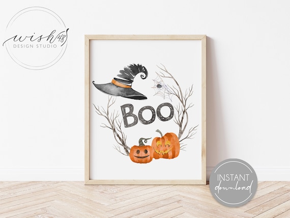 Boo Halloween Decor Printable, Halloween Home Decor, Fall Watercolor, Witches Wall Decor, Watercolor Jack o Lantern, Boo Printable Il_570xn