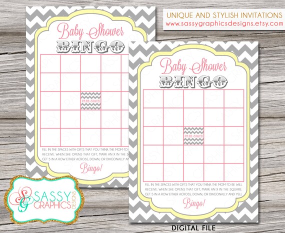 Baby shower bingo card with gray chevron, pink, and yellow. Instant download, printable, digital file Il_570xn