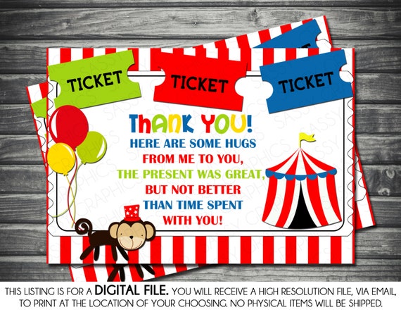 Circus Theme Matching Birthday Thank You Card -Red, Blue, Green, Monkey, Printable, Digital Il_570xn