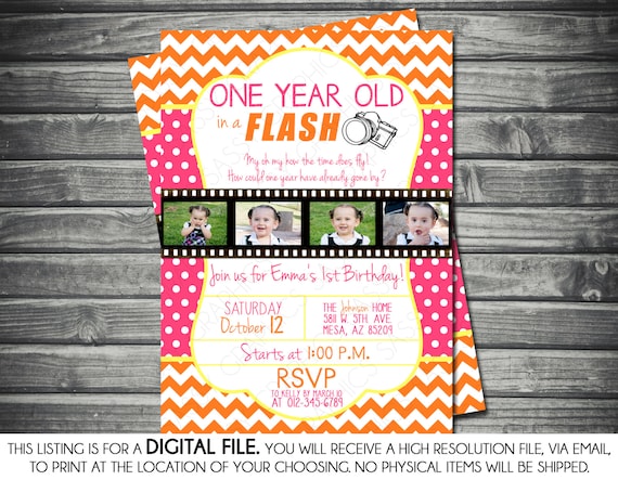 One Year in a Flash Girl Photo Birthday Invitation - Chevron, Pink, Yellow, Orange, Polka Dots, Printable, Digital Il_570xn