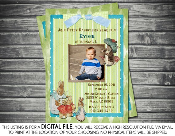 Peter Rabbit Photo Boy Birthday Invitation - Blue, Green, Stripes, Printable, Digital Il_570xn