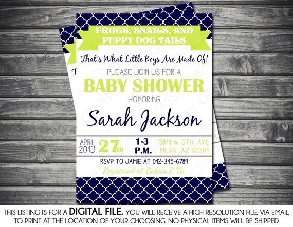 Boys Baby Shower Invitation - Frogs, Snails, and Puppy Dog Tails, Navy Blue, Green, Printable, Digital Il_570xn