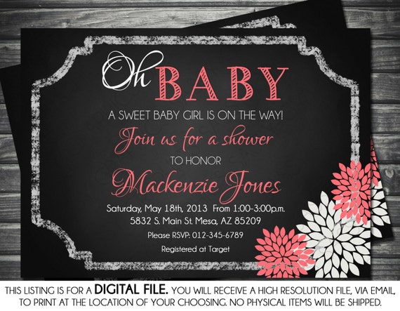 Girls Baby Shower Invitation -Modern, Chalkboard, Coral, Gray, Mums, Printable, Digital Il_570xn