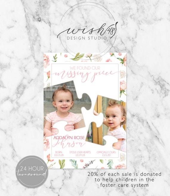 Missing Piece Adoption Announcement, Adoption Party Invitations, Photo Adoption Party Cards, Girl Adoption Card, Girl Adoption Announcement Il_570xn