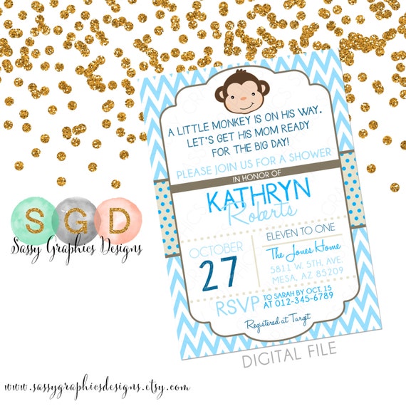 Monkey Baby Shower Invitation - Boy Baby Shower Invite Blue Tan Brown Chevron Little Monkey It's A Boy DIY Printable Invite PDF (Item #4) Il_570xn