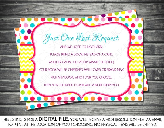 Girls Baby Shower Bring a Book Insert Card - Chevron, Polka Dot, Yellow, Pink, Purple, Green, Blue, Printable, Digital Il_570xn