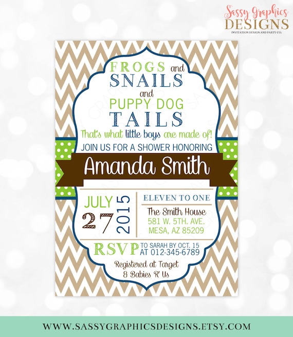 Boy Baby Shower Invitation Frogs Snails Puppy Dog Tails Chevron Navy Blue Green Brown Baby Shower Invite Boy DIY Printable Invite PDF (#120) Il_570xn
