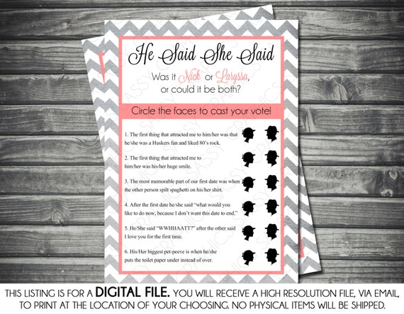 He Said She Said Bridal Shower Game - Chevron, Gray, Pink, Silhouette, Printable, Digital Il_570xn