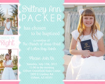 LDS Baptism Invitation For Girls - Polka Dot Baptism Invite Girl Baptism Invite 8 Is Great Choose The Right Pink Aqua Polka Dots (Item #1)