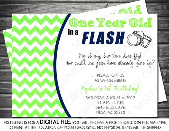 One Year in a Flash Boy Birthday Invitation - Green, Navy Blue, Chevron, Printable, Digital Il_570xn