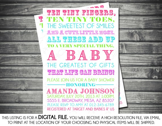 Girls Baby Shower Invitation - Typography, Pink, Green, Turquoise, Purple, Printable, Digital Il_570xn