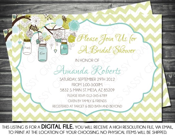 Bridal Shower Invitation - Mason Jar, Chevron, Teal, Green, Tan, Printable, Digital Il_570xn