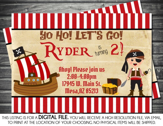 Boy Birthday Pirate Invitation - Stripes, Red, Black, Yo Ho, Ahoy, Printable, Digital Il_570xn