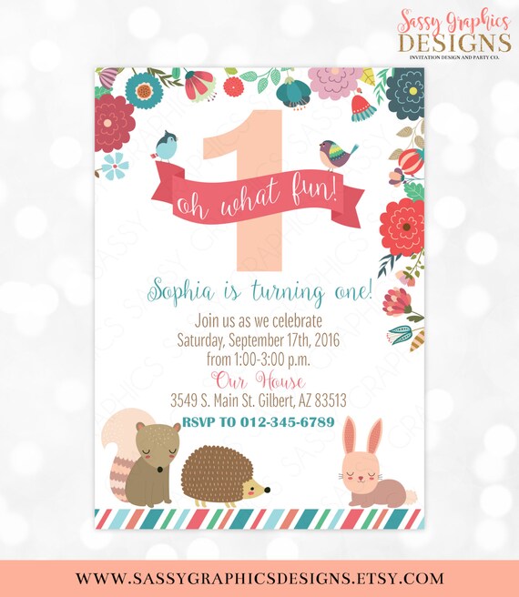 Woodland Birthday Invitation Girl Birthday Invite Woodland Invitation Kids Party Invite Bunny Beaver Floral DIY Printable Invite PDF (#2) Il_570xn