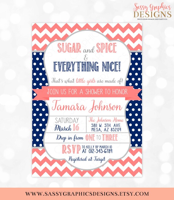 Sugar And Spice Baby Shower Invitation Navy Blue Coral Chevron Polka Dot Baby Shower invitation Girl DIY Printable Invite PDF (#63) Il_570xn