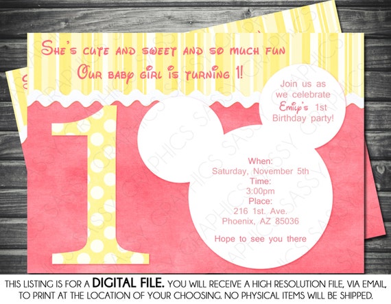 1st Birthday Minnie Mouse Inspired Girl Birthday Invitation - Pink, Yellow, Polka Dots, Printable, Digital Il_570xn