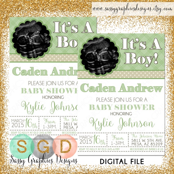 Boys Baby Shower Invitation with ultrasound picture, DIY Invite, PDF Invite, Baby Shower Invite, Boy Baby Invite, green, tan (Item #49) Il_570xn