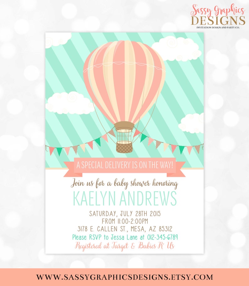 Hot Air Balloon Baby Shower Invitation Mint C Girl Whimsical Diy Printable Invite Pdf 171