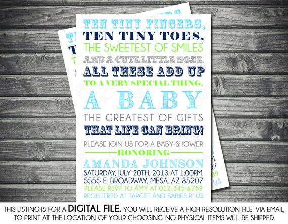 Boys Baby Shower Invitation - Typography, Navy Blue, Turquoise, Green, Gray, Printable, Digital Il_570xn