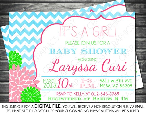 Girls Baby Shower Invitation - Chevron, Gray, Pink, Green, Turquoise, Mums, Printable, Digital Il_570xn