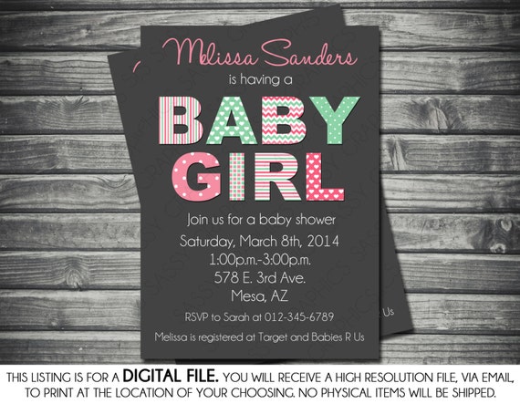 Girls Baby Shower Invitation - Modern, Mint, Pink, Gray, Chevron, Polka Dots, Hearts, Stripes, Printable, Digital Il_570xn