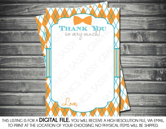 Boys Baby Shower Thank You Card - Little Man, Argyle, Bow tie, Orange, Blue, Printable, Digital Il_570xn