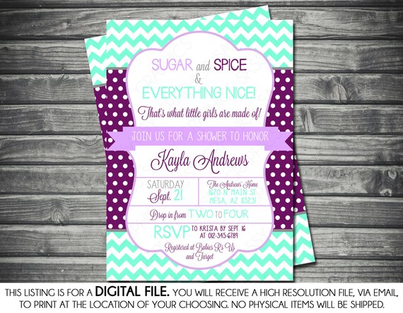 Girls Baby Shower Invitation - Chevron, Polka Dots, Aqua, Purple, Sugar and Spice, Printable, Digital Il_570xn