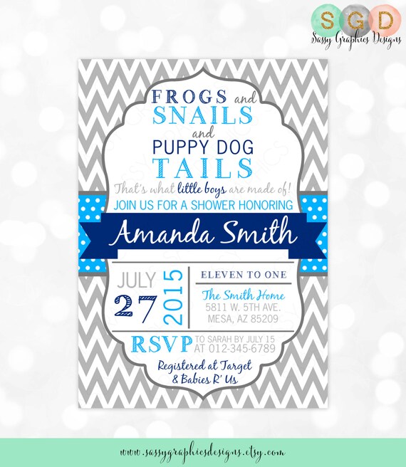 Baby Boy Shower Invitation - Baby Boy Frogs Snails Puppy Dog Tails Chevron Navy Blue Gray Blue Polka Dot DIY Printable Invite PDF (Item#135) Il_570xn
