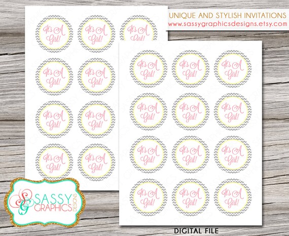 Cupcake toppers for baby shower with gray chevron, pink, and yellow. Instant download, printable, digital file (#10) Il_570xn