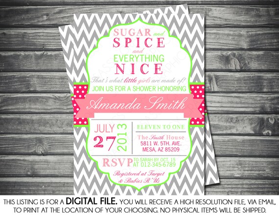 Girls Baby Shower Invitation - Chevron, Polka Dots, Pink, Green, Sugar and Spice, Printable, Digital Il_570xn