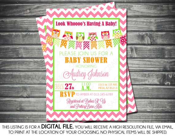 Owl Baby Shower Invitation - Chevron, Banner, Pink, Yellow, Green, Orange, Printable, Digital Il_570xn