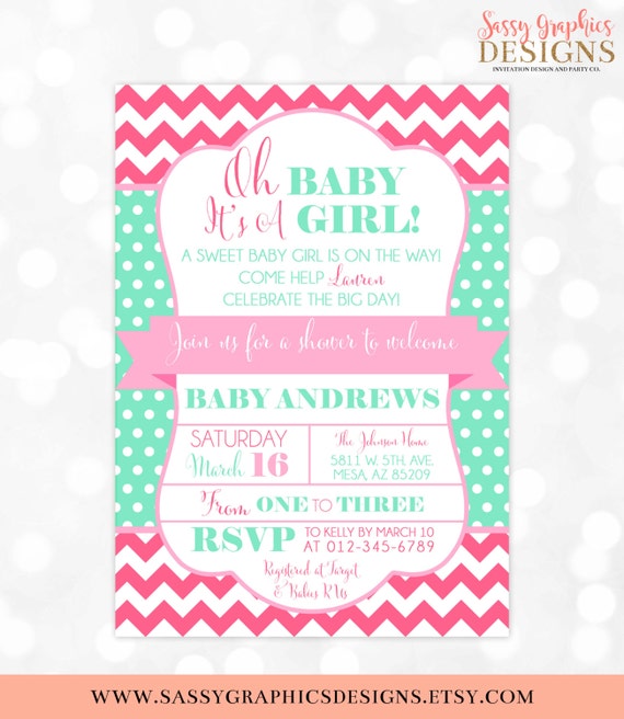 Girl Baby Shower Invitation Oh Baby It's A Girl Pink Mint Chevron Polka Dots Baby Shower Invite Girl DIY Printable Invite PDF (#44) Il_570xn