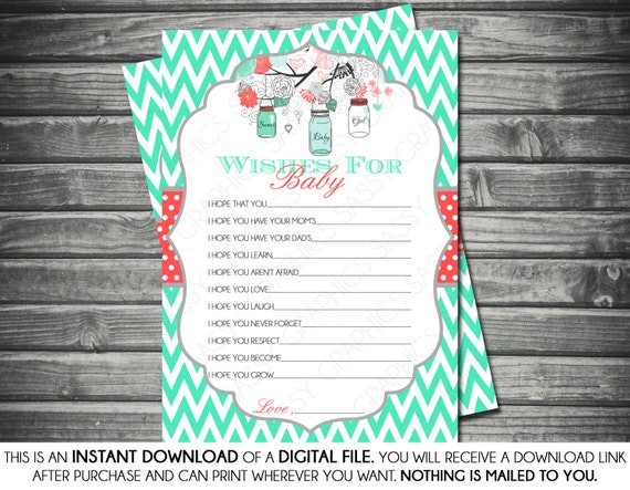 Instant Download Girl Wishes for Baby Card - Chevron, Polka Dots, Mint, Coral, Mason Jar, Floral, Printable, Digital Il_570xn