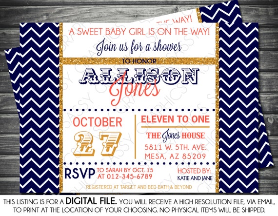 Girls Baby Shower Invitation - Modern, Chevron, Navy Blue, Gold, Printable, Digital Il_570xn