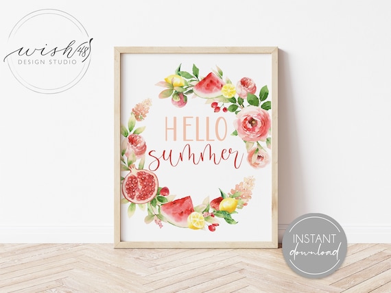 Hello Summer Print, Summer Printable, Summer Home Decor, Summer Wall Art, Home Decor Printable, Watercolor Floral Print, Summer Printable Il_570xn